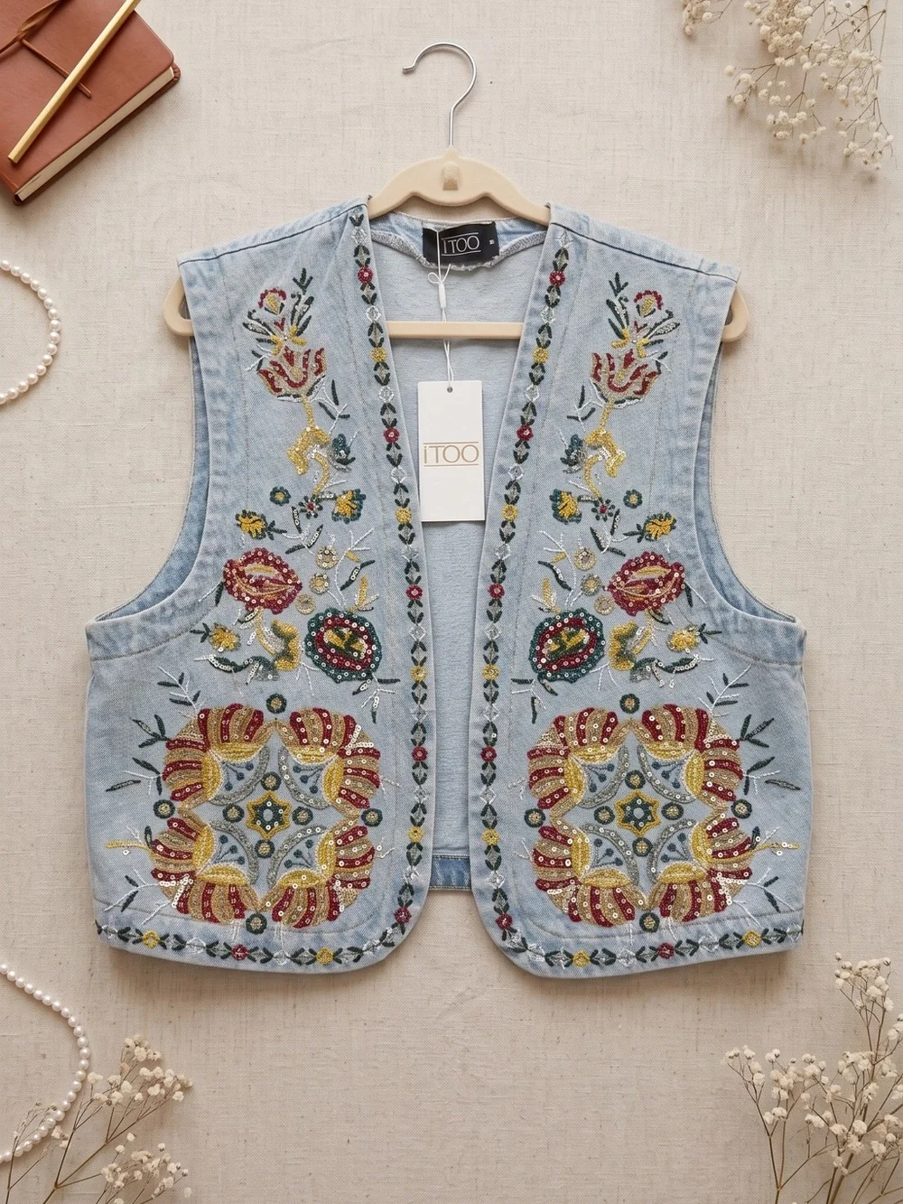 ITOO Embroidered Light Wash Denim Vest in Multicolor - Picture 1 of 3